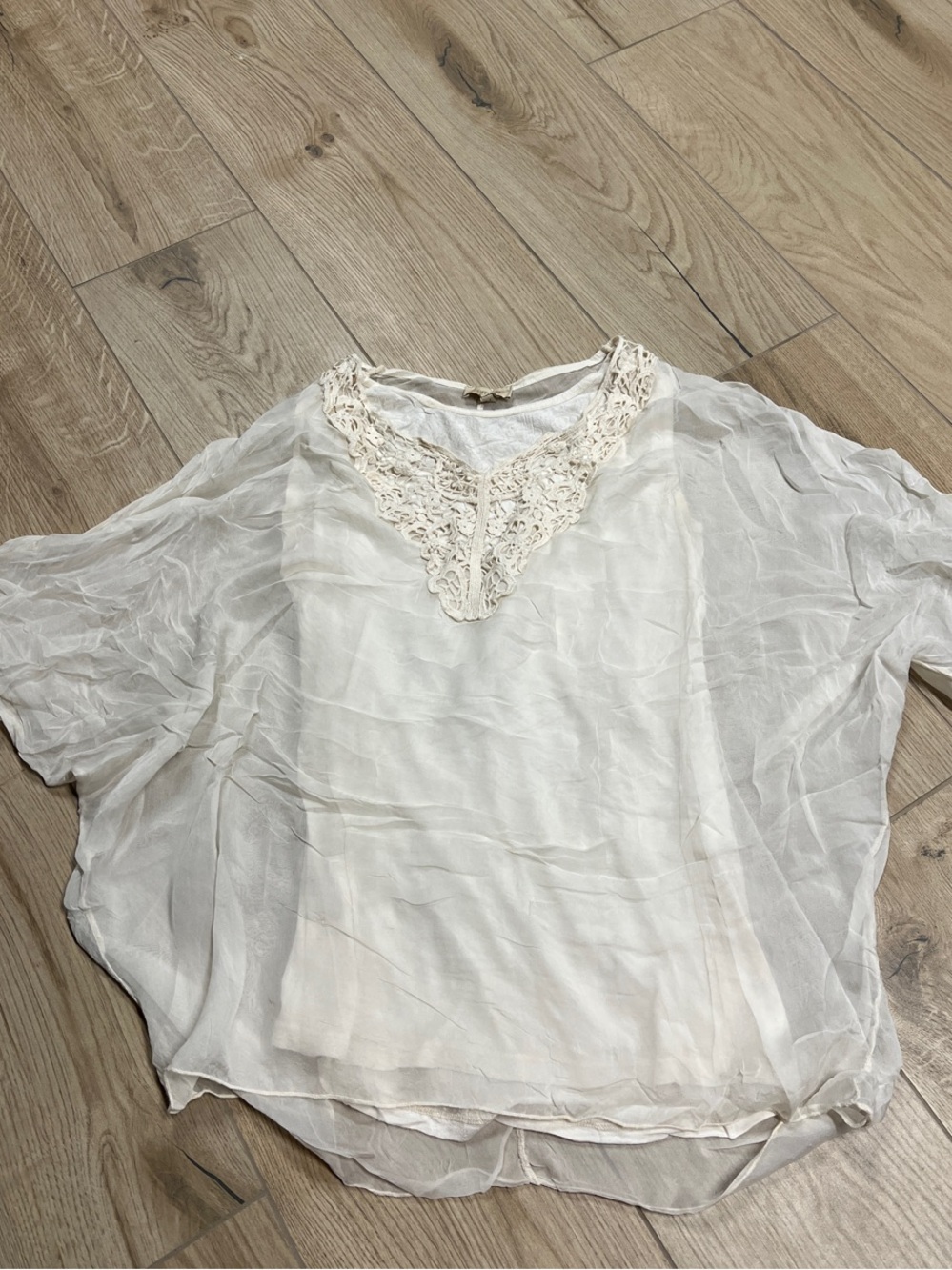 Cream Crochet-Trim Sheer Blouse with V-Neck